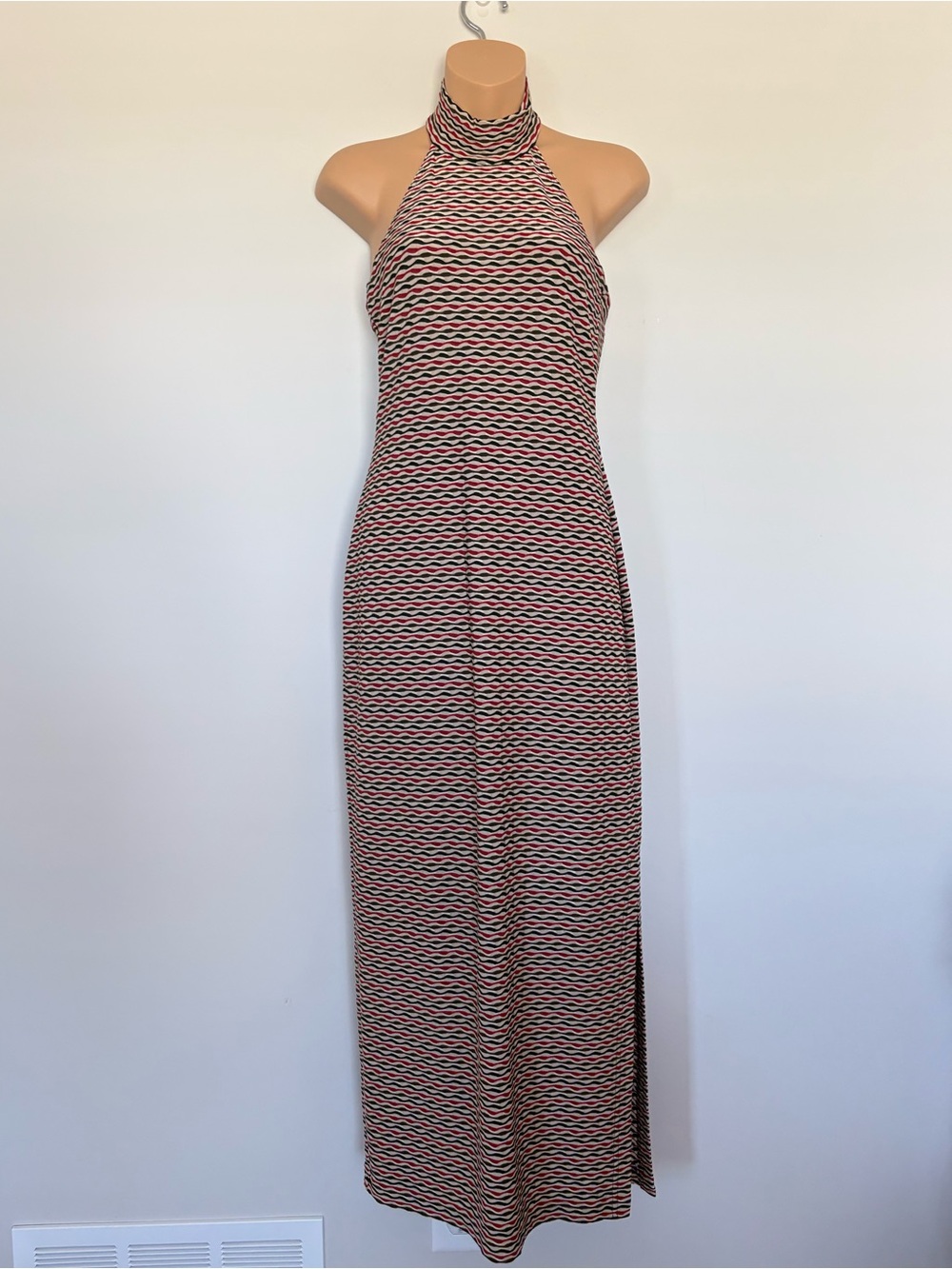 Vintage Moda International Wavy Print Halter Maxi Dress Y2K Retro Size XS/S